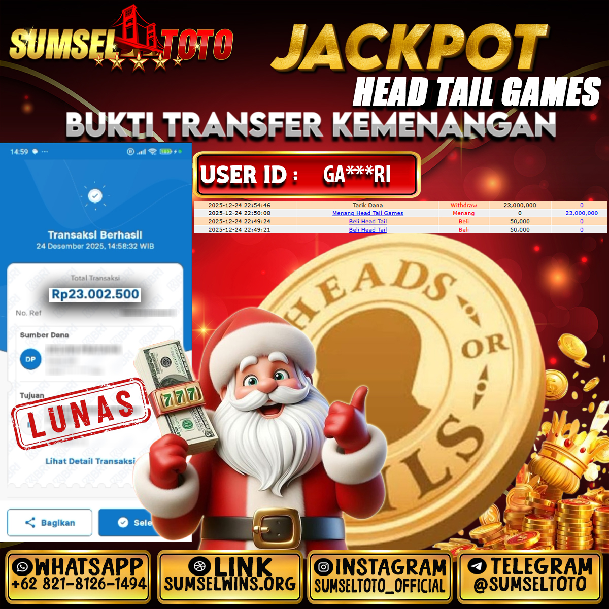 SUMSELTOTO JACKPOT HEAD TAIL GAMES Rp.23,000,000.,- LUNAS